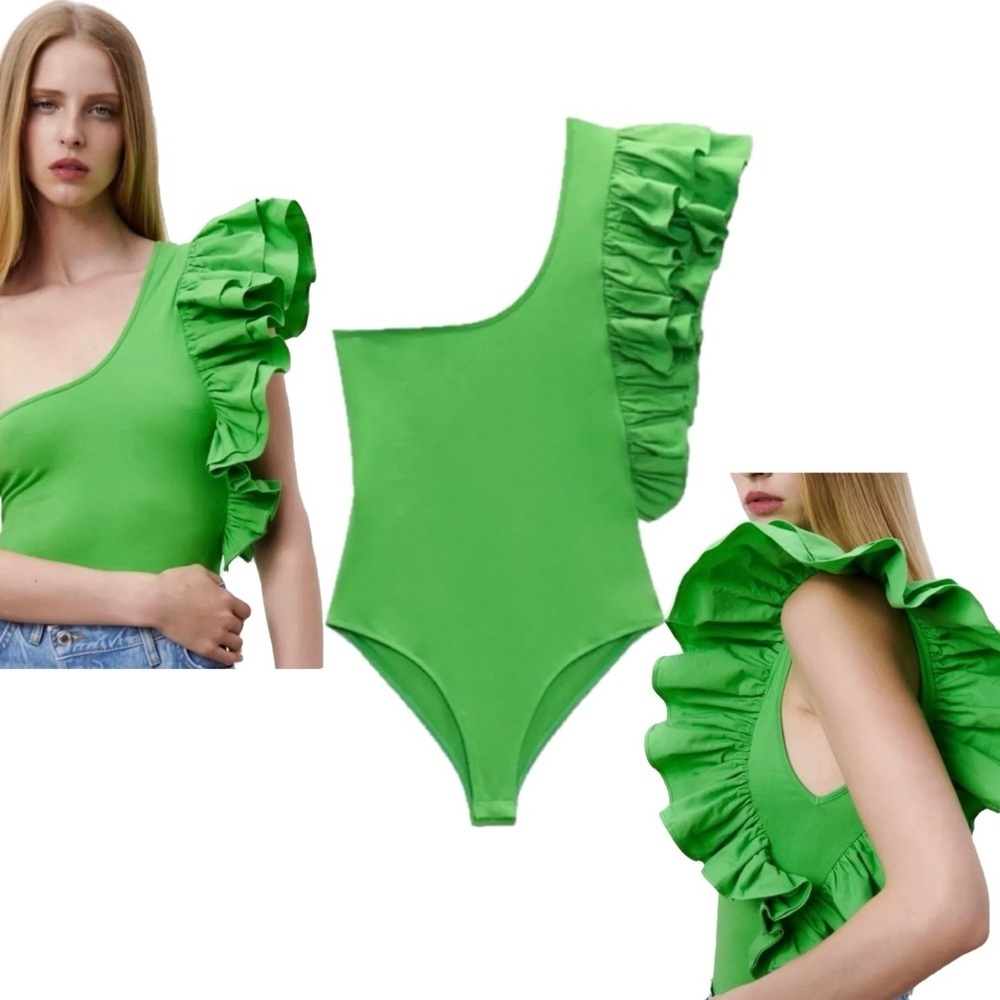 Zara green asymmetrical one shoulder ruffle frill neon fluorescent bodysuit Sz M